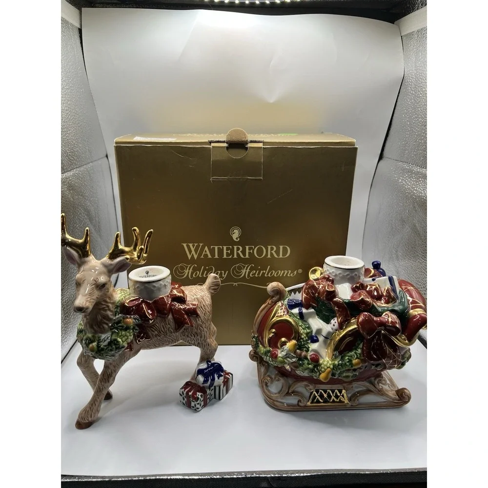 Waterford Holiday Heirlooms Reindeer & Santa Sleigh Candle Holder Set Box